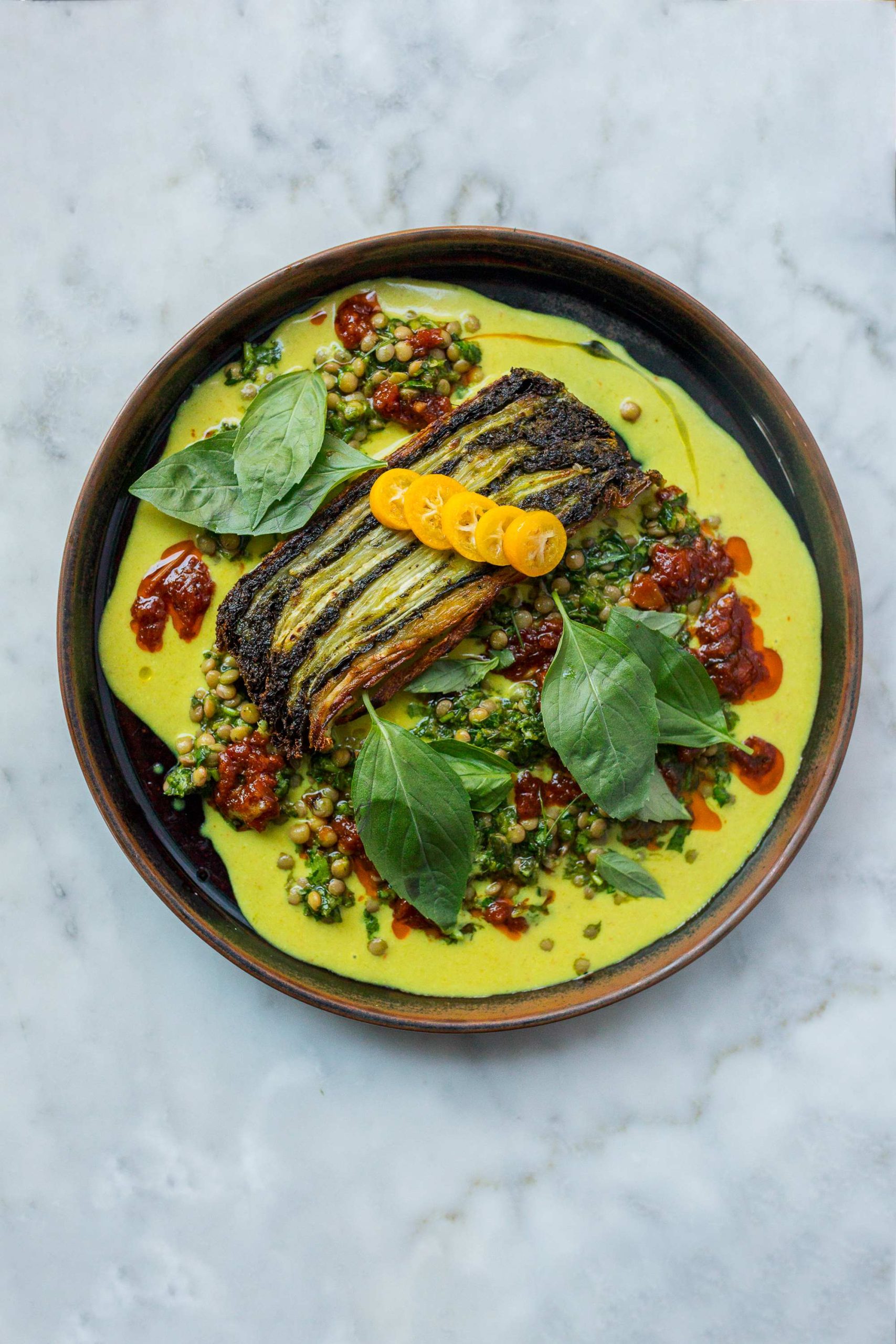 Celeriac, Cavolo nero, lentils, kumquat, lemongrass, coconut, paprika, basil (v)